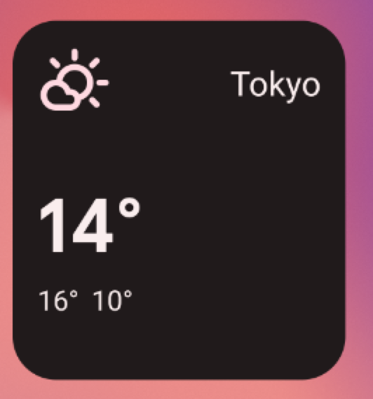 最小の 3x2 グリッドサイズの天気ウィジェットの例で、場所名（東京）、気温（14°）、部分曇りの天気を示すシンボルが表示されている