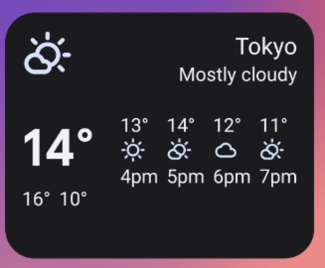 Beispiel für ein Wetter-Widget in der Größe „mittel“ (4 × 2). Wenn Sie das Widget auf diese Weise neu skalieren, wird die gesamte Benutzeroberfläche der vorherigen Widget-Größe verwendet und das Label „Etwas bewölkt“ sowie eine Temperaturvorhersage von 16:00 bis 19:00 Uhr hinzugefügt.