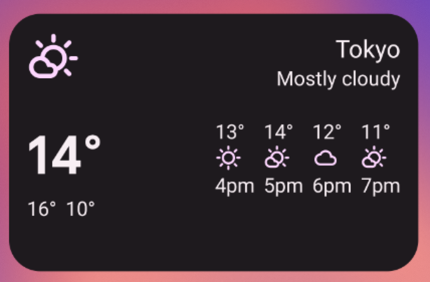 Ejemplo de widget del clima que muestra que en Tokio está mayormente nublado, a 14 grados, y la temperatura proyectada desde las 4 p.m. hasta las 7 p.m.