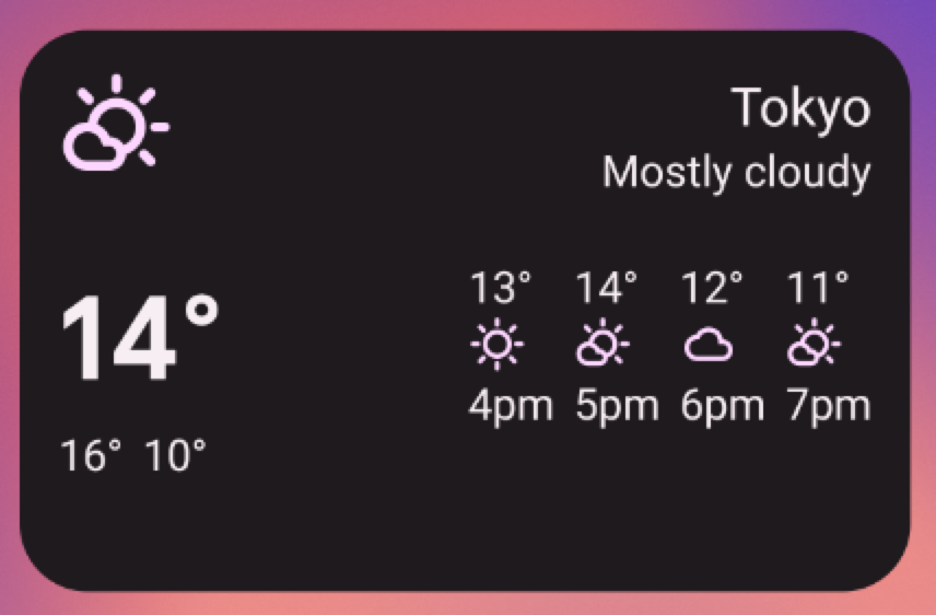 東京の天気情報ウィジェットの例（おおむね曇り、14 度、予想気温が午後 4 時から午後 7 時まで開始）