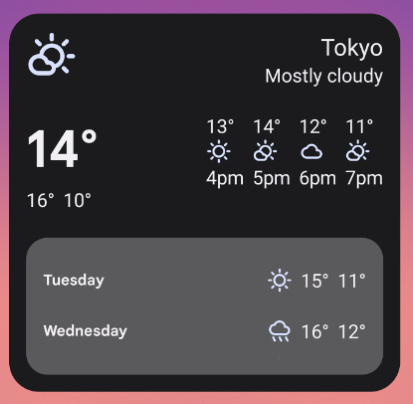 Exemplo de widget de clima em um tamanho &quot;grande&quot; de 5 x 3. Redimensionar o widget
            dessa forma cria toda a interface dos tamanhos anteriores
            e adiciona uma visualização dentro do widget com uma previsão do tempo
            para terça e quarta-feira. Símbolos que indicam tempo ensolarado ou chuvoso
            e temperaturas máximas e mínimas de cada dia.