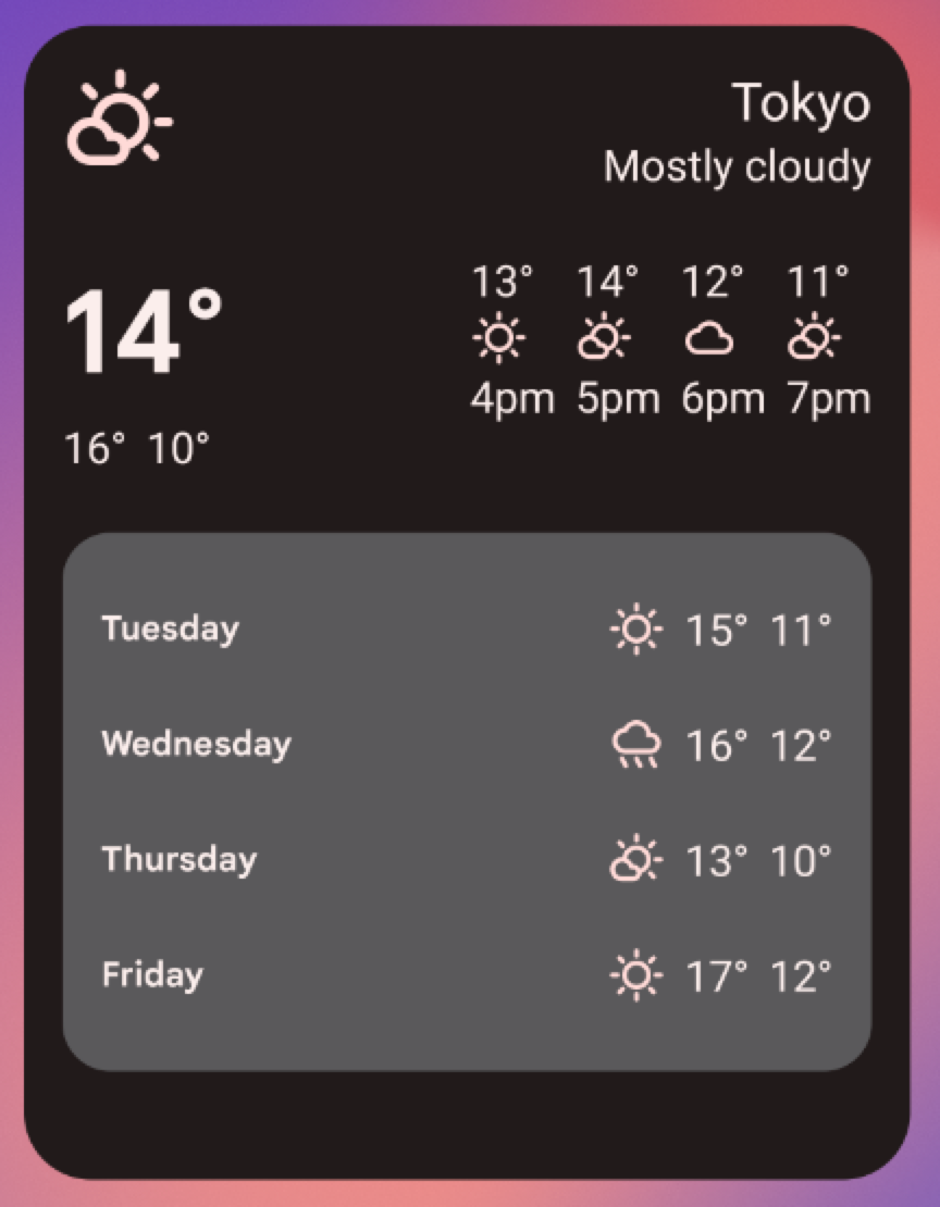 Beispiel für ein Wetter-Widget in der Größe „groß“ (5 × 4) Wenn Sie die Größe des Widgets so ändern, wird die gesamte Benutzeroberfläche der vorherigen Widget-Größen verwendet und Donnerstag und Freitag (sowie die entsprechenden Symbole für die Wetterlage sowie die Höchst- und Tiefsttemperaturen für jeden Tag) werden hinzugefügt.