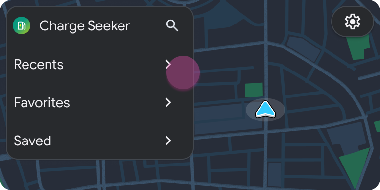 Modèle de liste inclus dans le modèle &quot;Carte + contenu&quot; contenant les sous-listes &quot;Récents&quot;, &quot;Favoris&quot; et &quot;Enregistrés&quot;