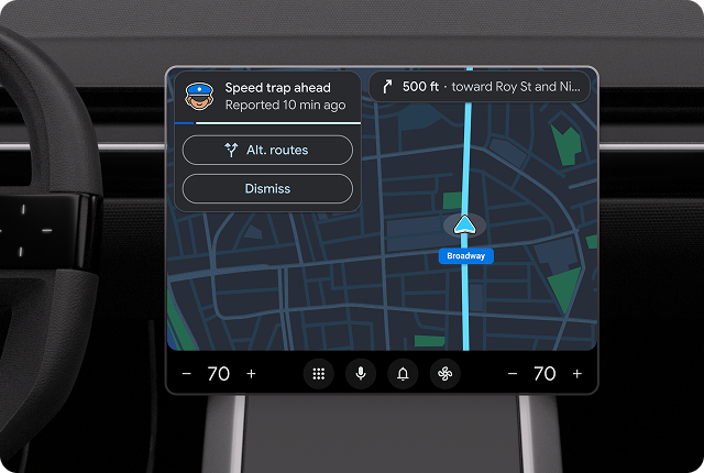 A navigation alert showing an upcoming speed trap