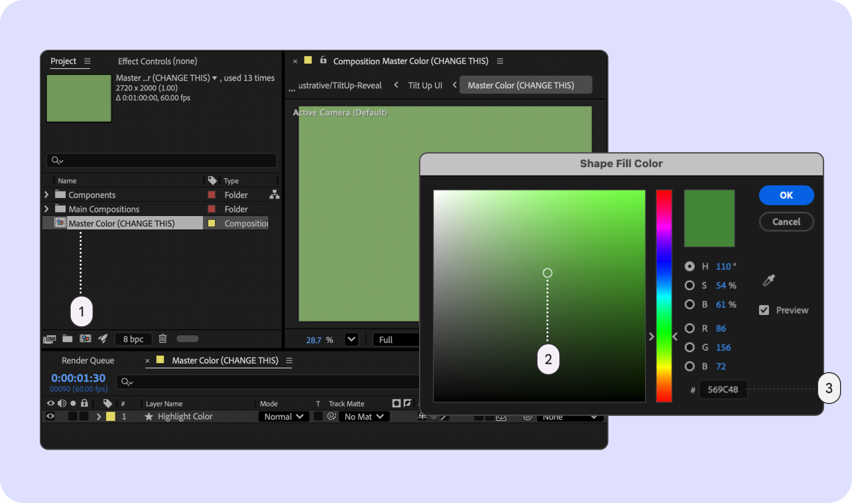 Selettore colori del menu di After Effects