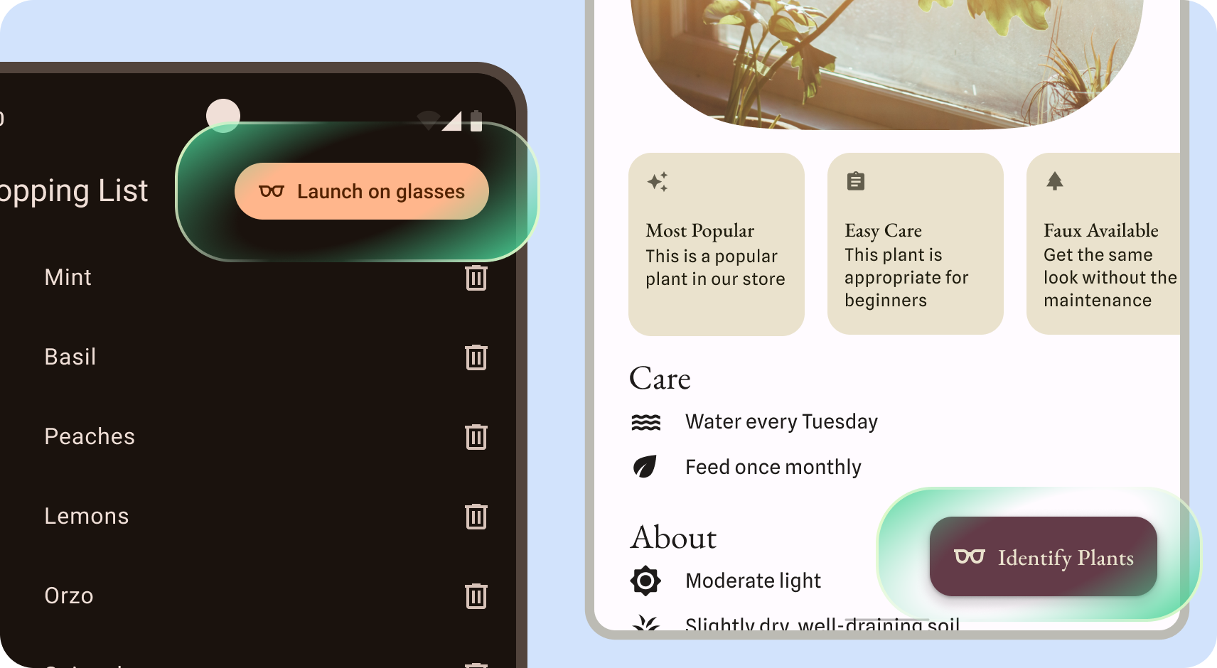 Apps para dispositivos móveis com botões que abrem apps para óculos.