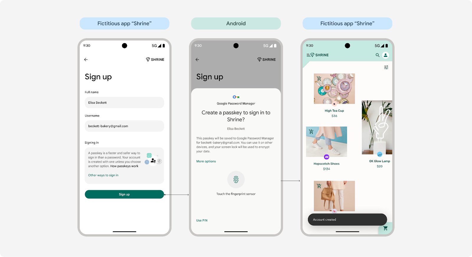 Tiga screenshot yang menunjukkan pembuatan kunci sandi sekali ketuk di Android 15. Layar
pertama menampilkan formulir pendaftaran. Layar kedua menawarkan untuk membuat kunci sandi
dengan sekali ketuk. Layar ketiga mengonfirmasi akun
pembuatan konten.