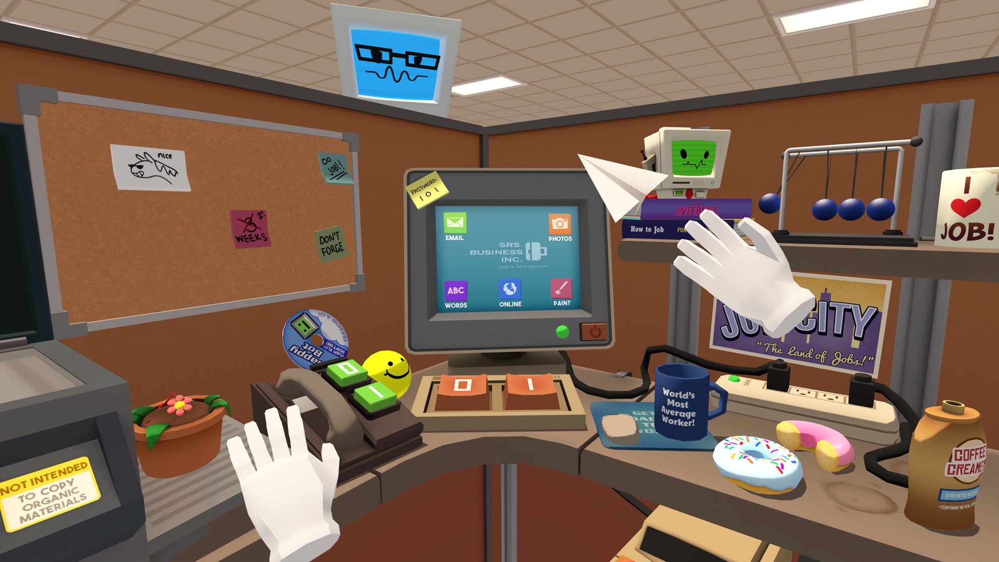 Job Simulator, a fully immersive VR game with a user sitting at a vintage computer in an office cubicle. The game includes virtual hands that can interact with 3D objects.