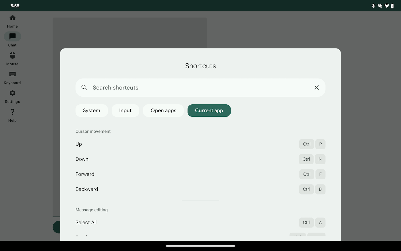 Aplicativo aberto em um dispositivo mostrando grupos de atalhos.