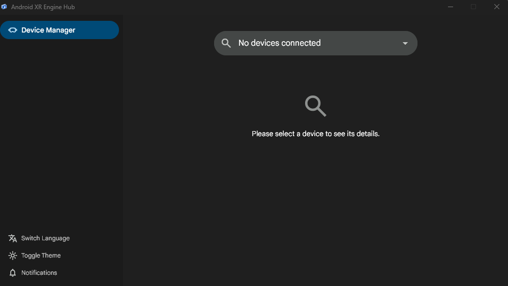 Android XR Engine Hub'daki Cihaz Yöneticisi ekranı