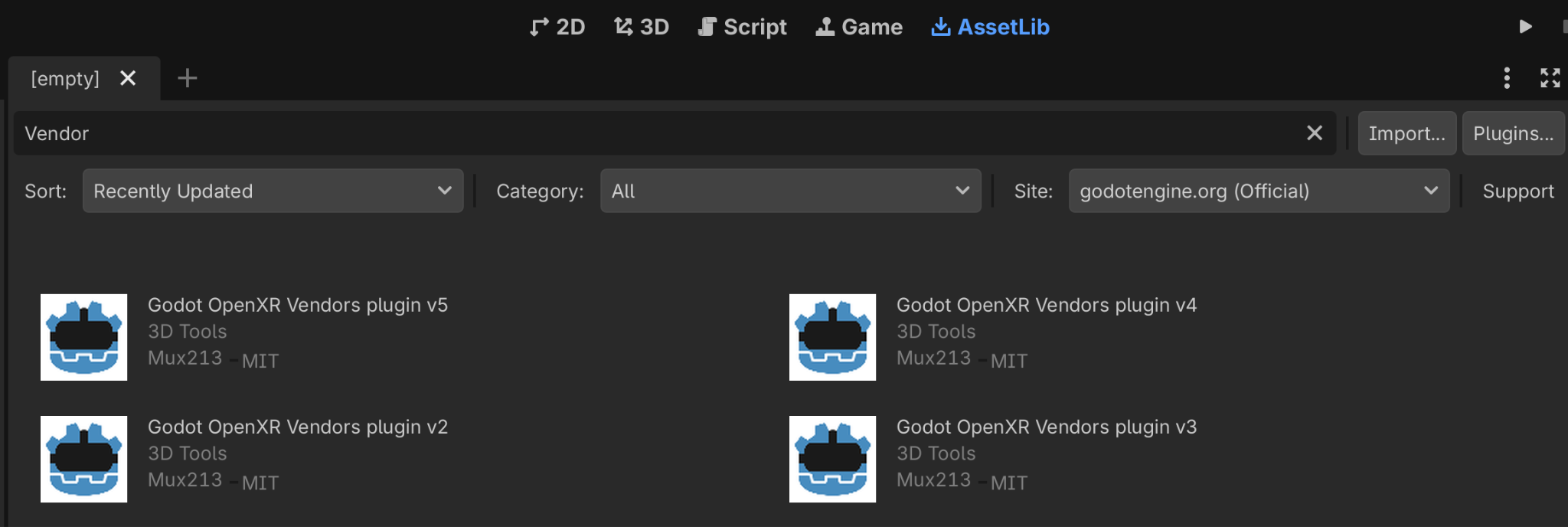 Godot Asset Library'de arama yaparak Godot OpenXR Vendors eklentisinin farklı sürümlerini bulabilirsiniz.