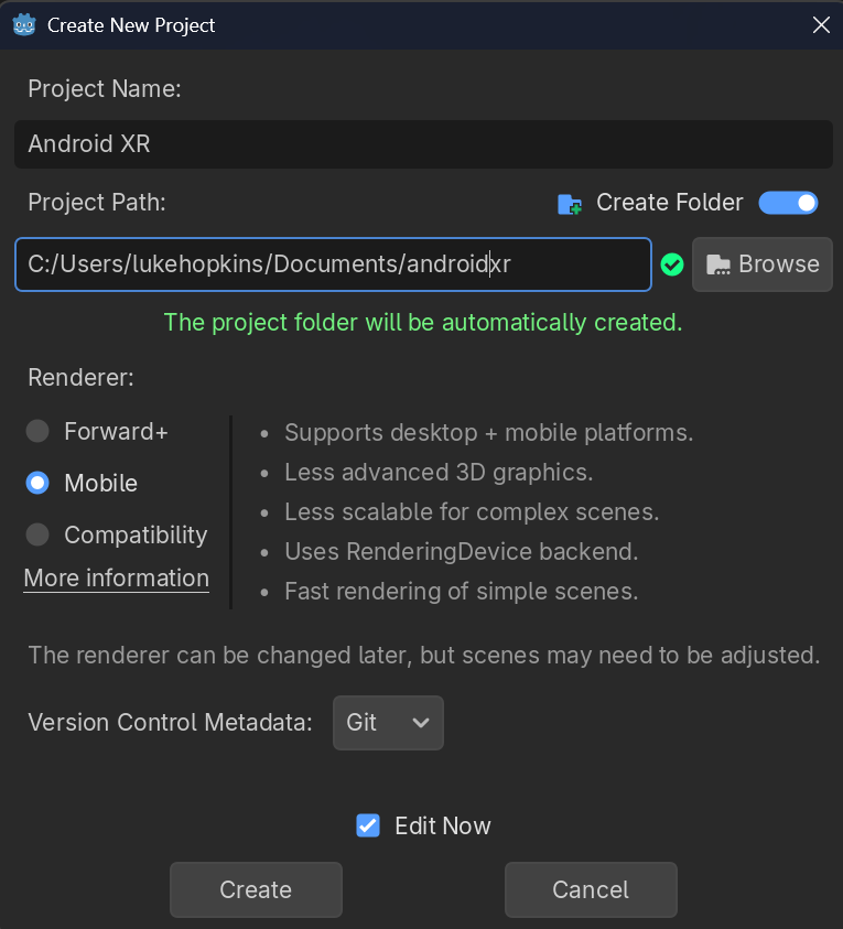 Finestra di dialogo Crea nuovo progetto in Godot Engine.