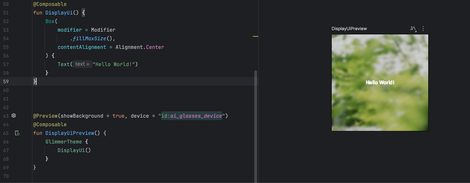 The composable preview is shown in the Split view for a simulated AI
Glasses
device.