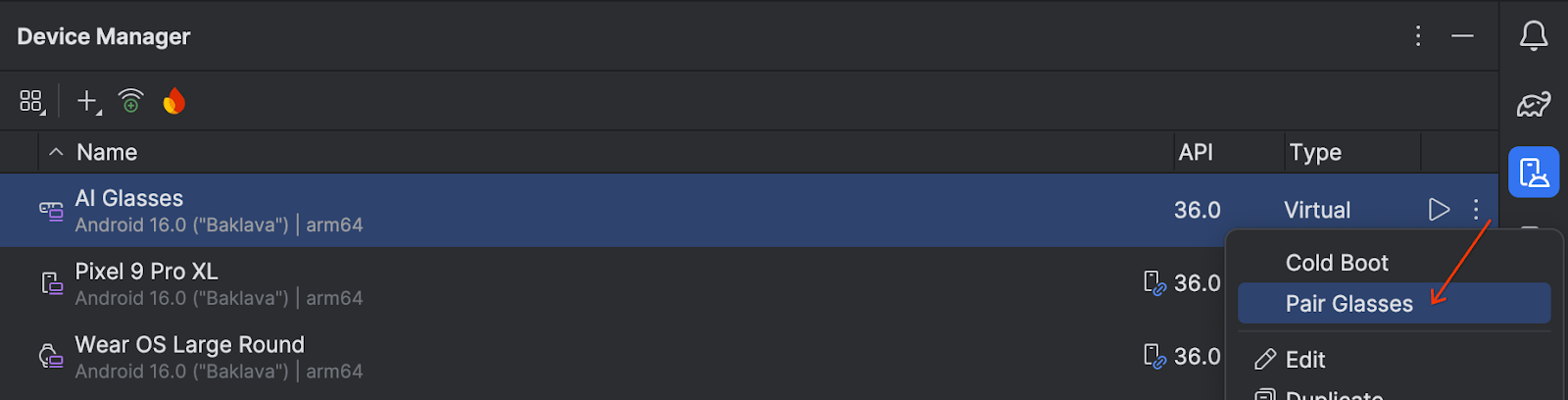 يؤدي النقر على خيار "إقران النظارات" في "إدارة الأجهزة" إلى تشغيل "مساعد الإقران".