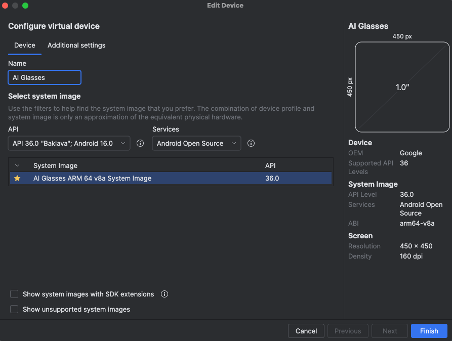 نافذة "ضبط الجهاز الافتراضي" في Android Studio