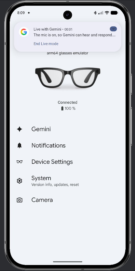 یک اعلان در شبیهساز تلفن نشان میدهد که ورودی میکروفون میزبان فعال است.