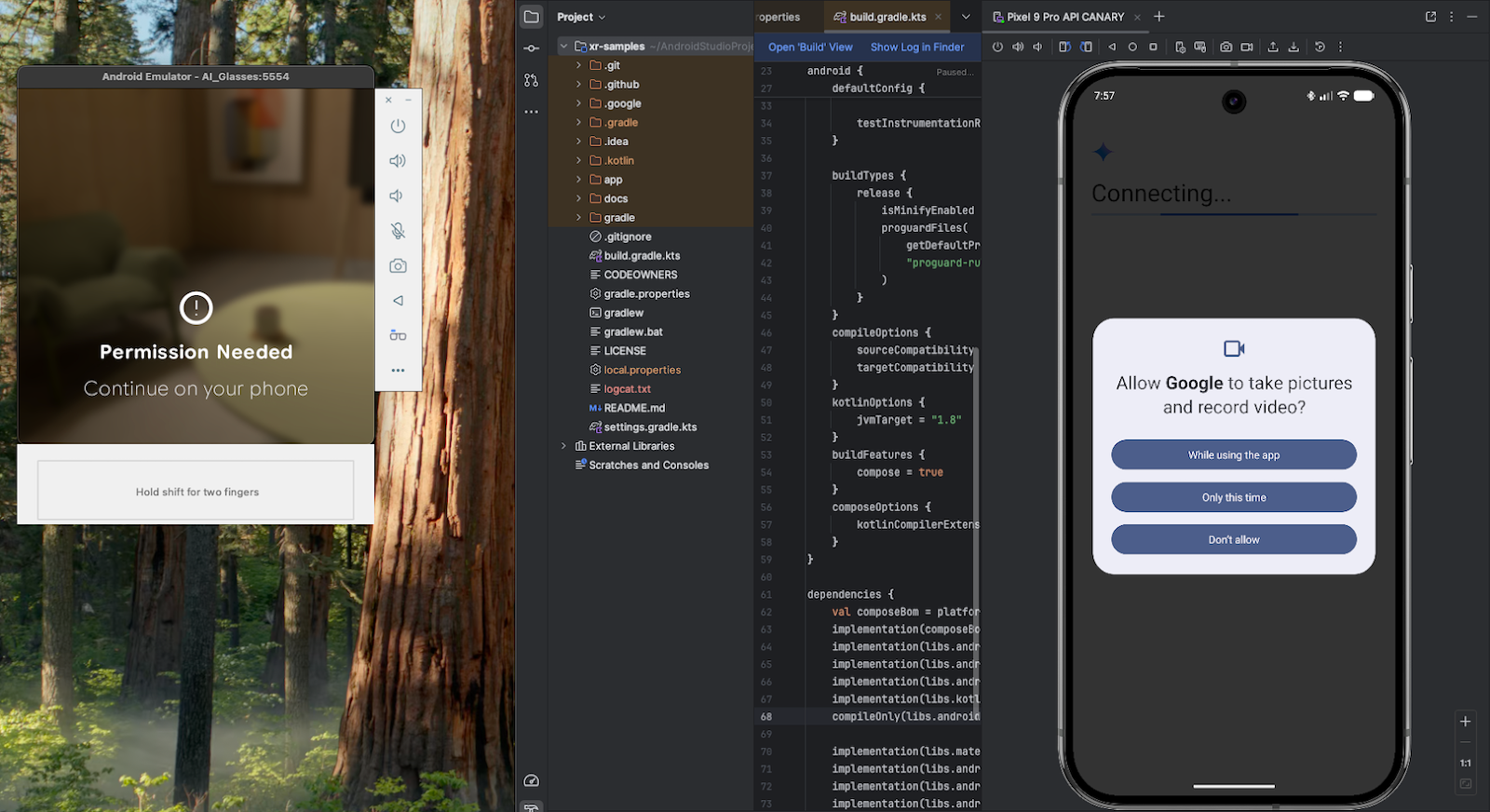 Acceptez toutes les autorisations requises pour utiliser Gemini Live sur l'émulateur de lunettes d'IA.