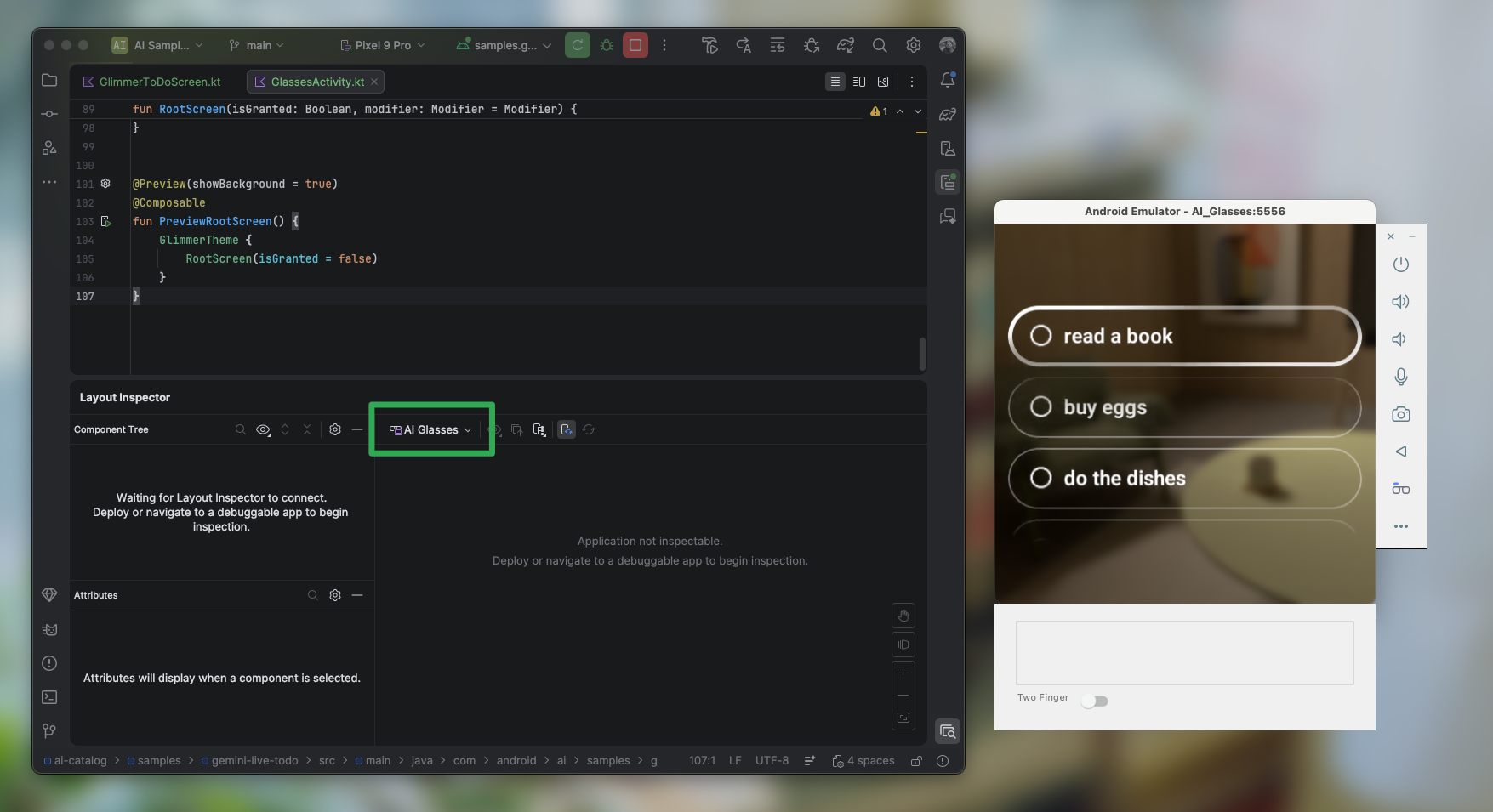 Layout Inspector view with the "Running devices" drop-down menu
highlighted.