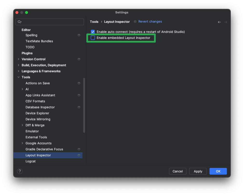 Halaman setelan Android Studio untuk alat Layout Inspector.
