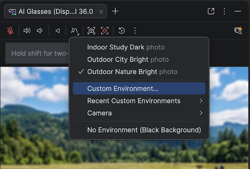 Select a custom photo environment image or webcam camera input in Android Studio.