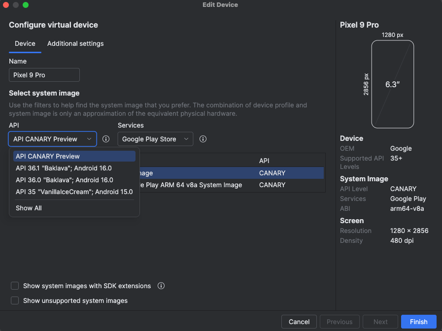 La configurazione del livello API AVD per il dispositivo host
dello smartphone.