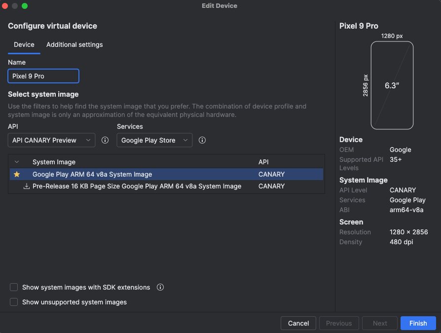 La configurazione dell'immagine di sistema AVD per il dispositivo host
dello smartphone.