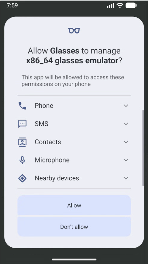 La richiesta di associazione per l'app Glasses.