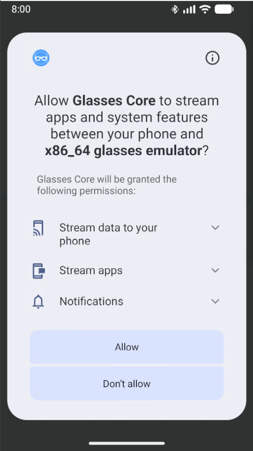 Demande d'association pour l'application Glasses Core.
