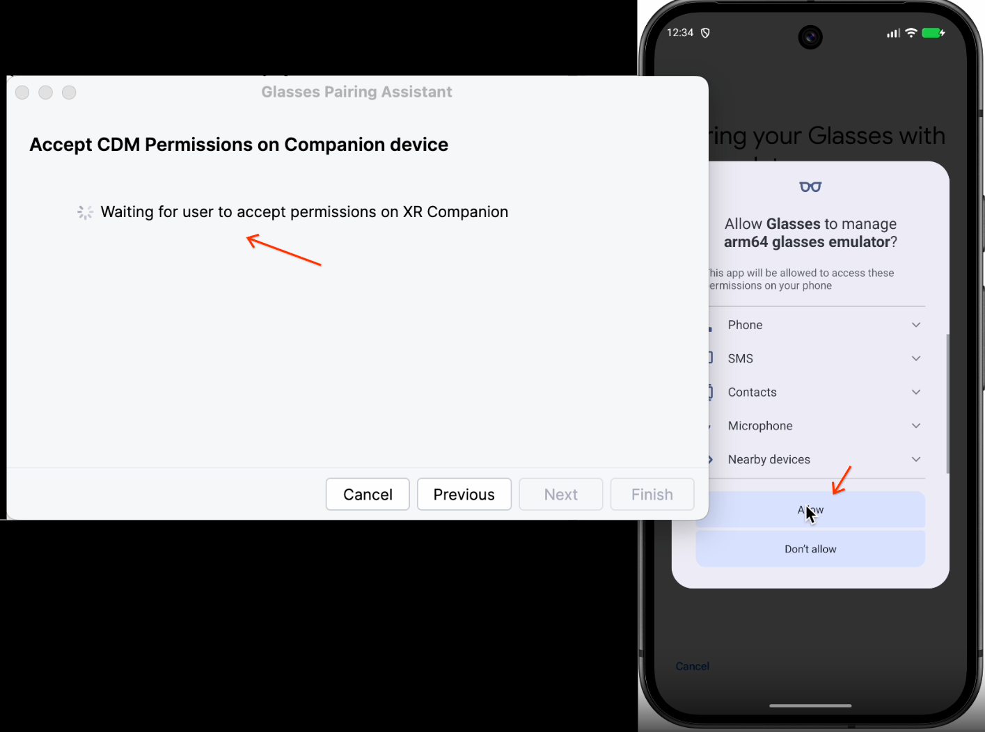 L'assistente all'accoppiamento utilizza l'AVD dello smartphone per presentare le richieste di associazione.