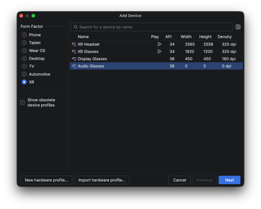 Android Studio'daki Cihaz Yöneticisi paneli.