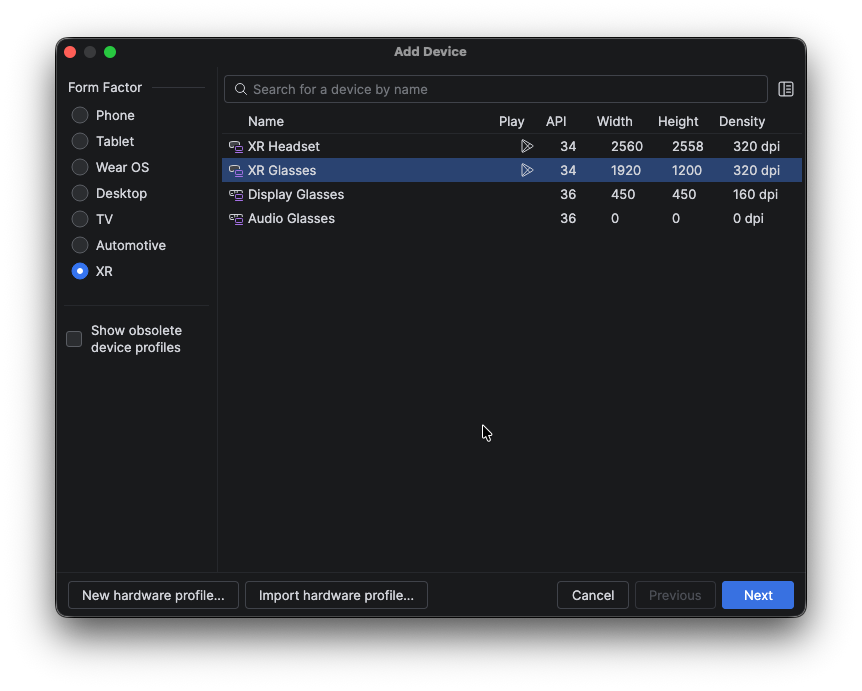 Il riquadro Gestione dispositivi in Android Studio.