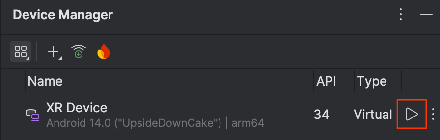 מסך ניהול המכשירים ב-Android Studio