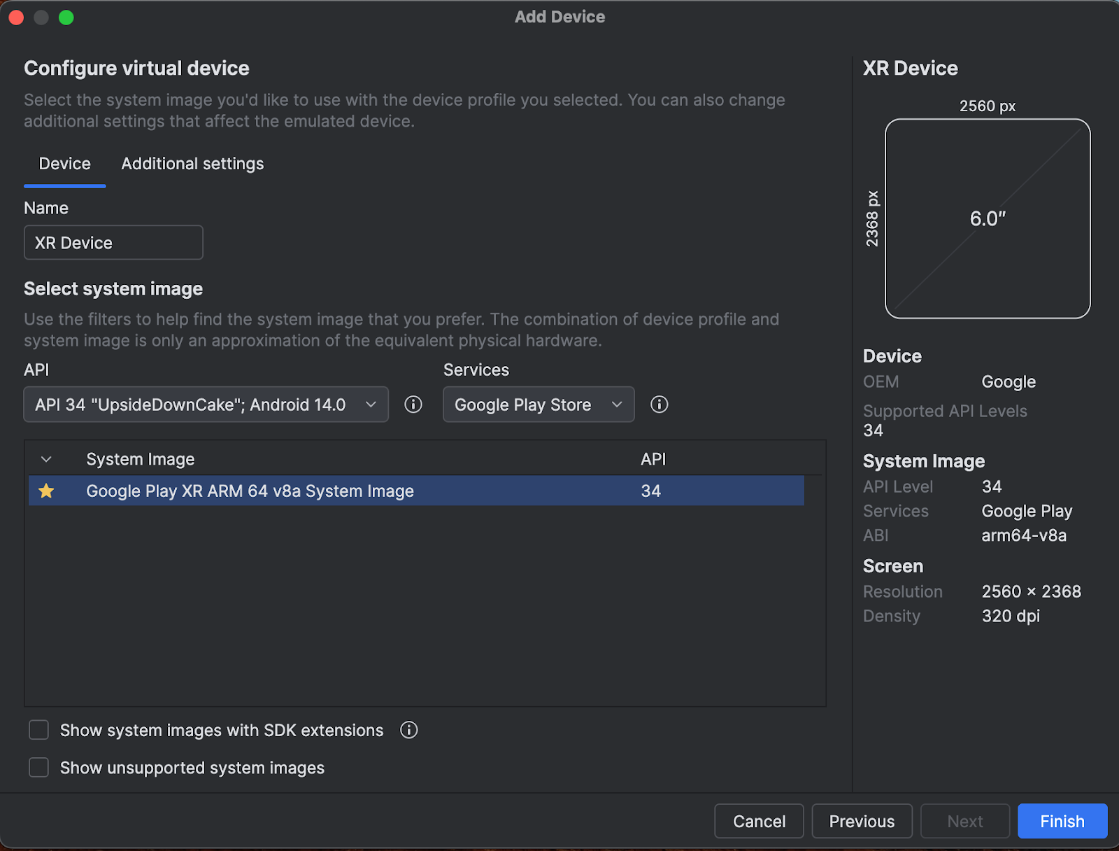 Fenêtre "Configurer un appareil virtuel" d'Android Studio.