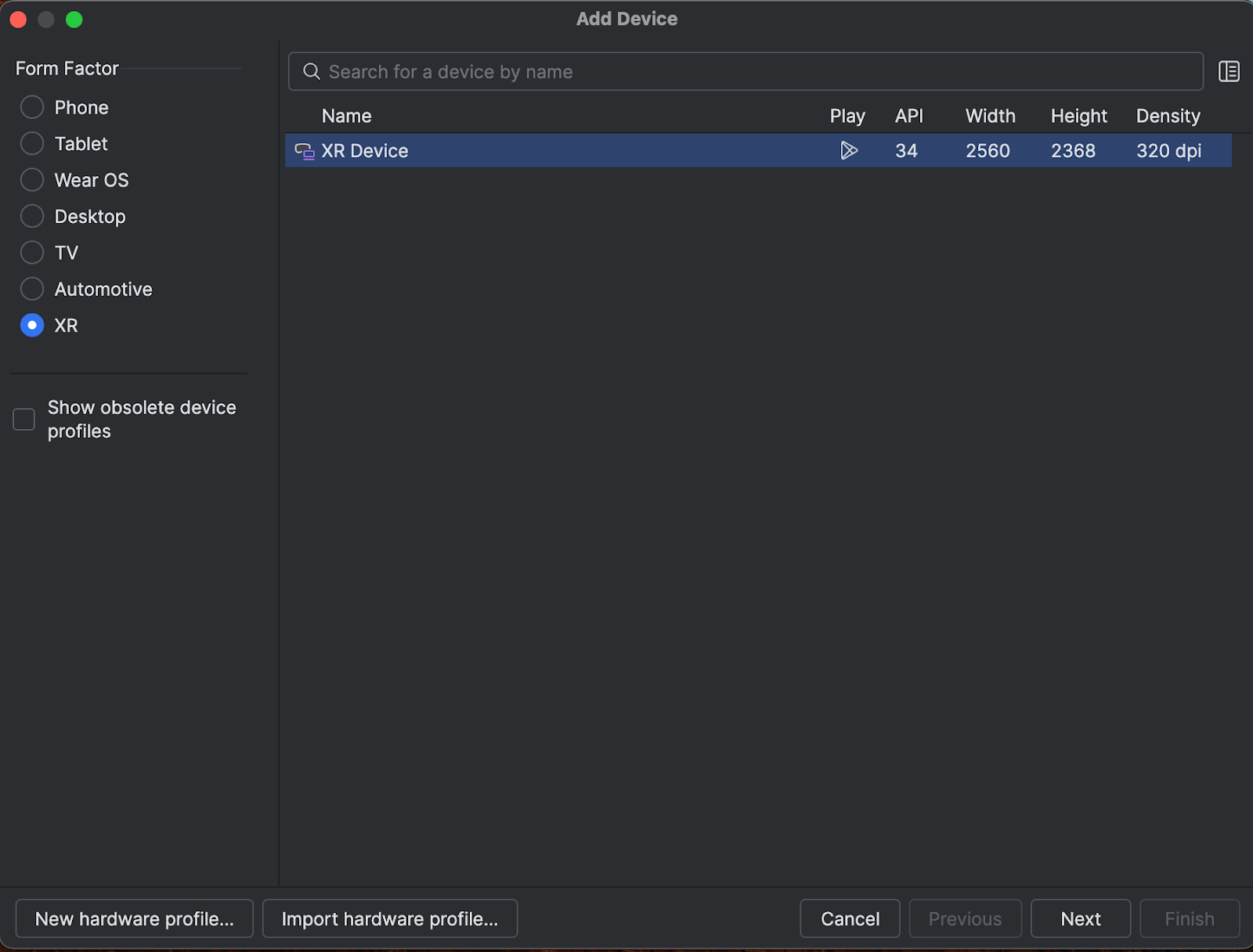 Android studio add device screen