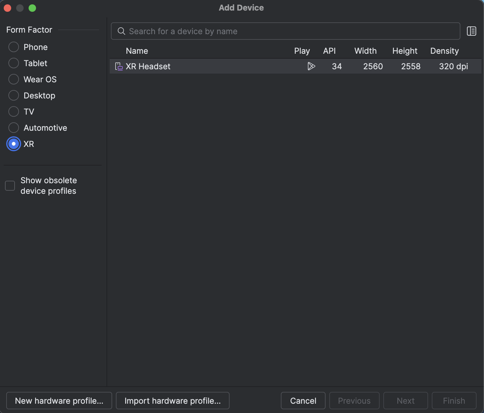 Écran d&#39;ajout d&#39;appareil Android Studio