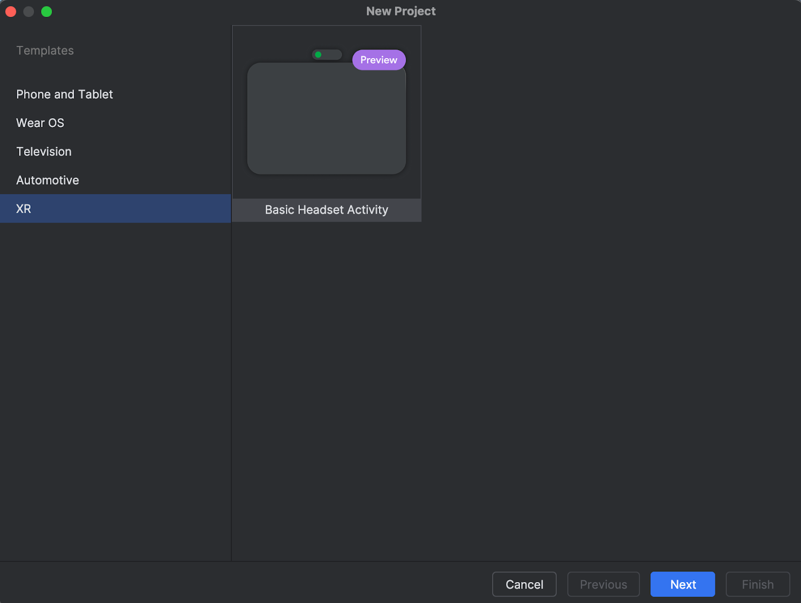 Android studio new project screen