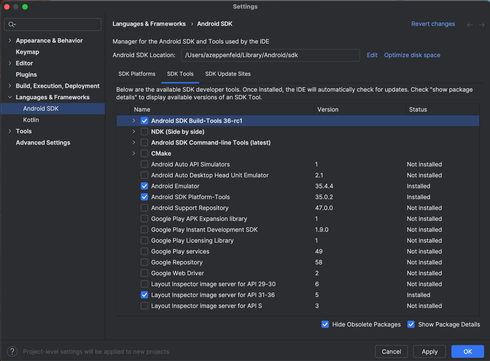 Schermata SDK di Android Studio