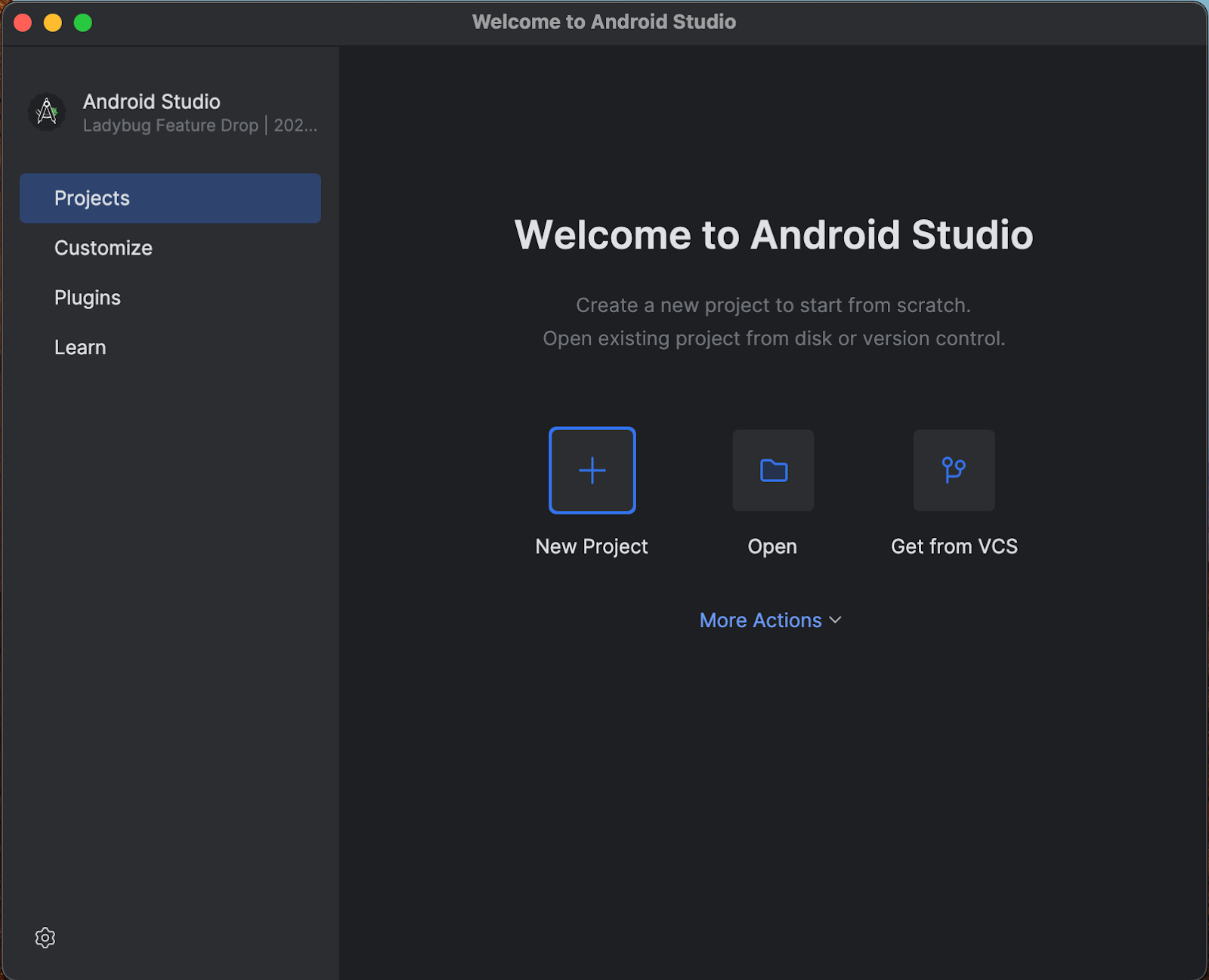 Écran d&#39;accueil d&#39;Android Studio