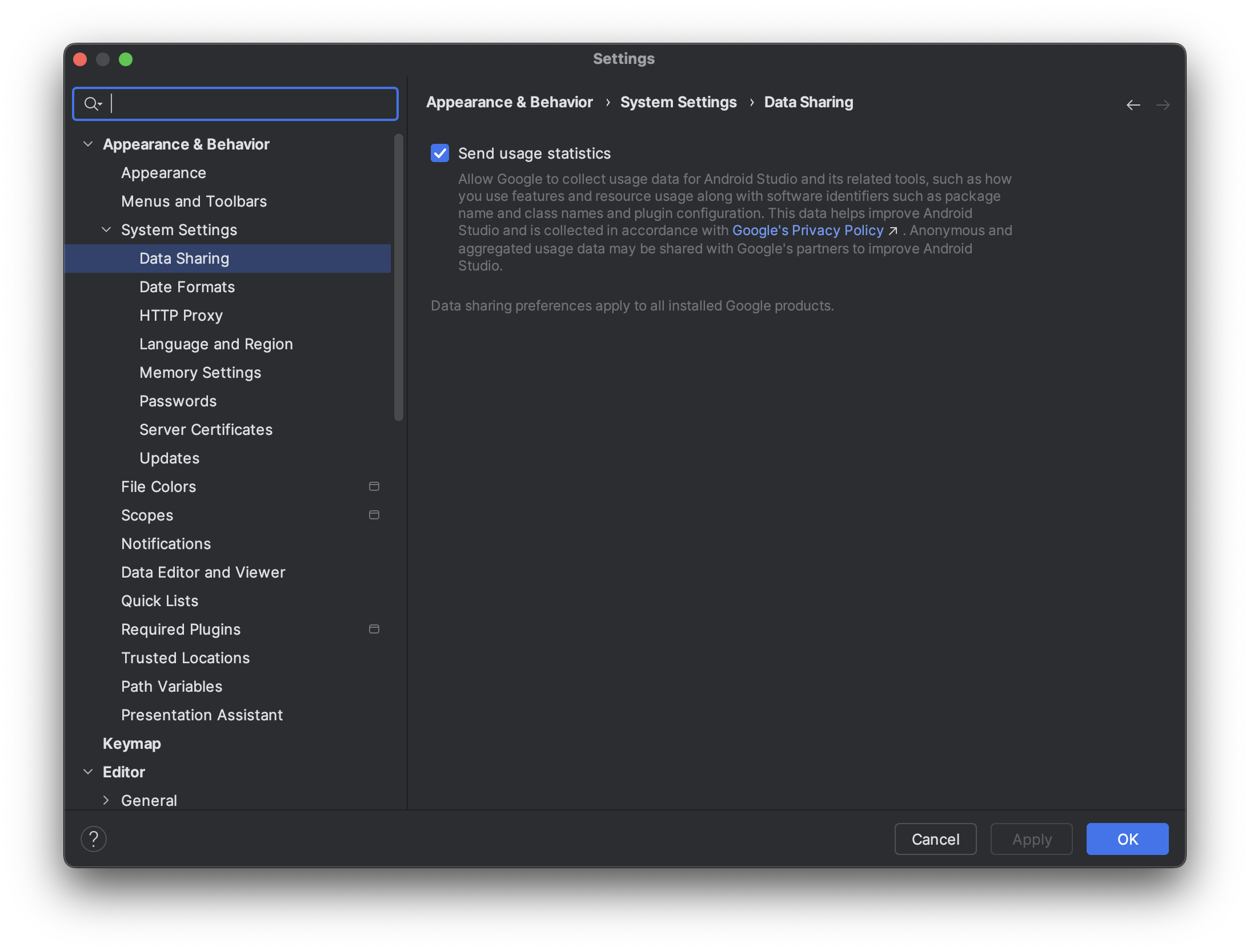 Android Studio data sharing
settings