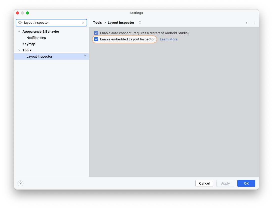 تنظیمات بازرس طرحبندی اندروید استودیو