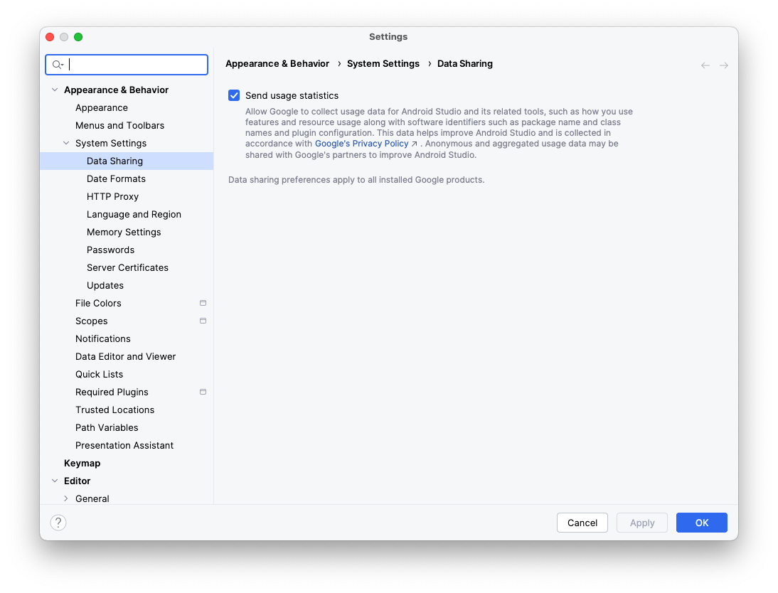 Configuración de uso compartido de datos de Android Studio