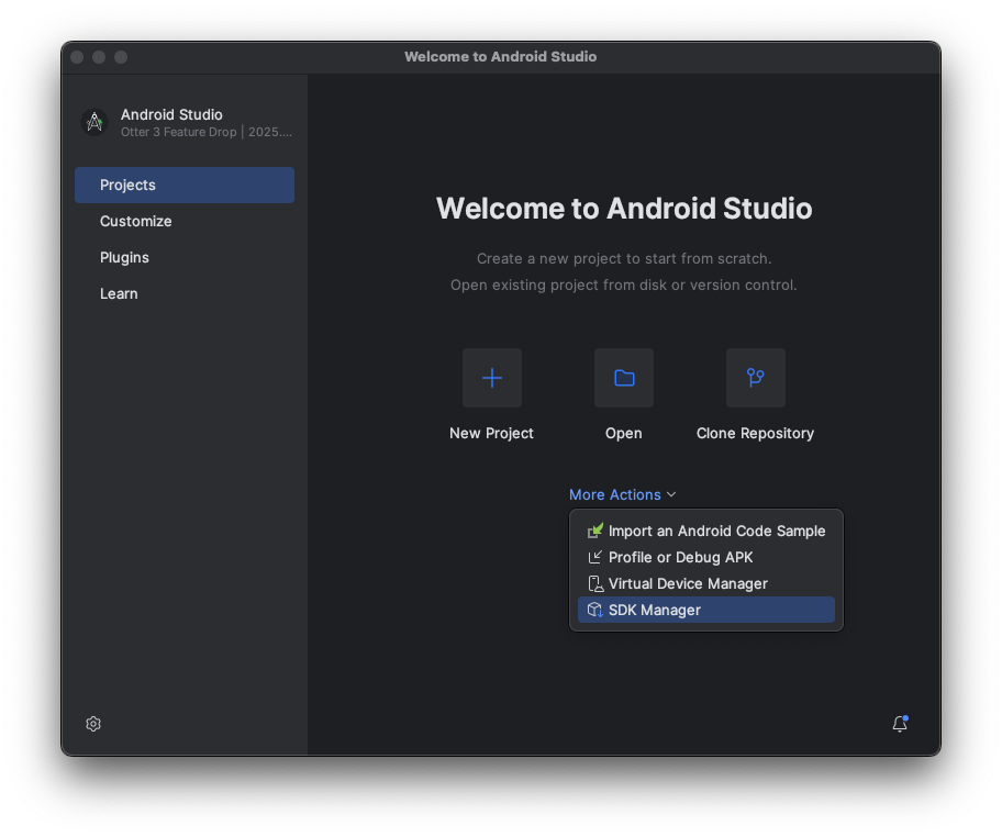 Écran d'accueil d'Android Studio