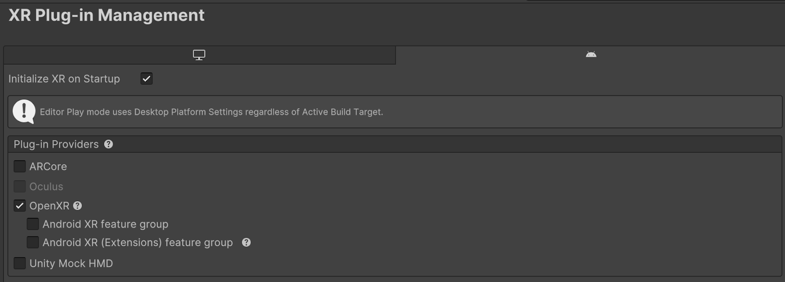 Example of the unity xr plugin management screen
