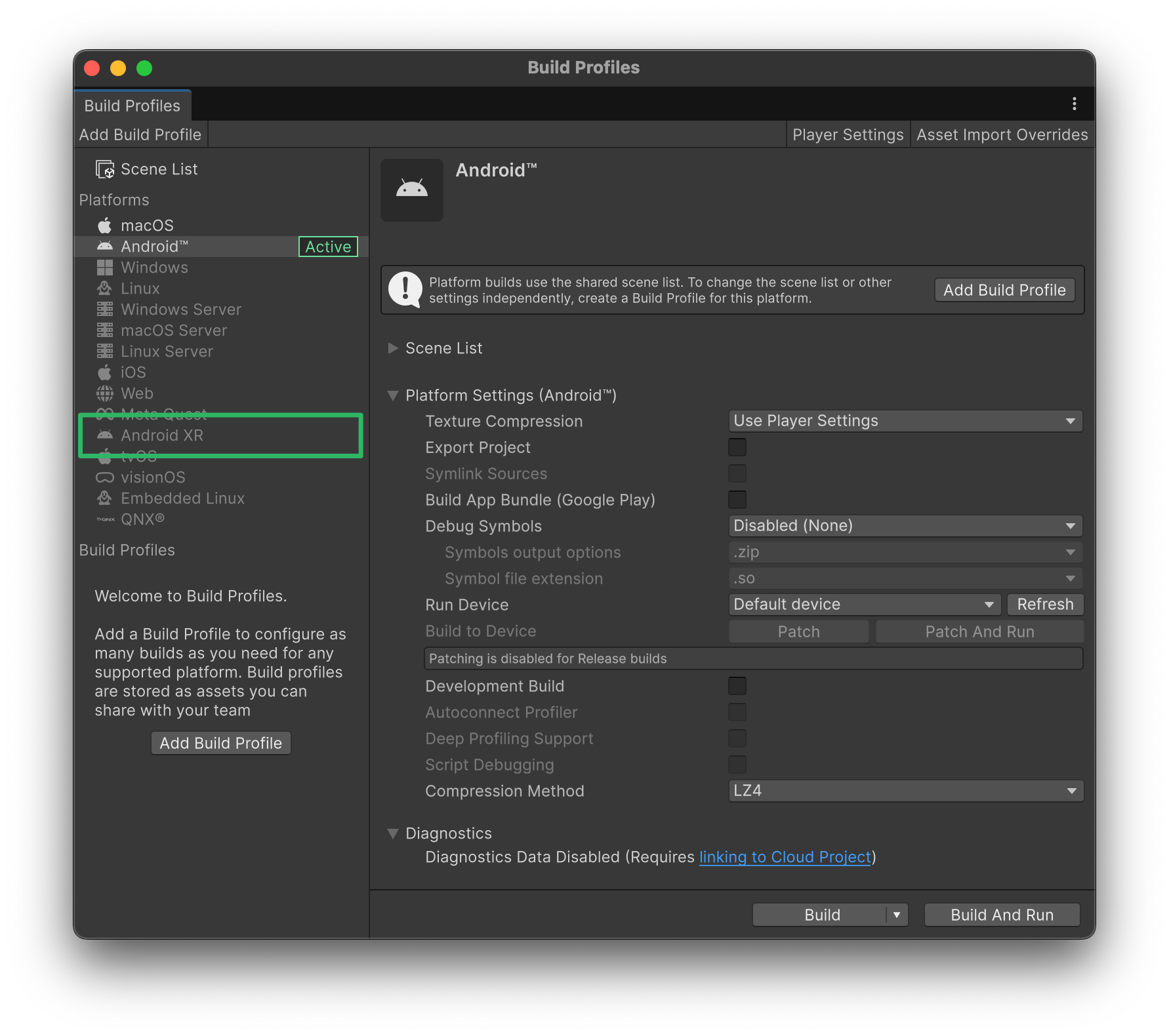 Unity の設定で Android XR ビルド プロファイルを選択します。