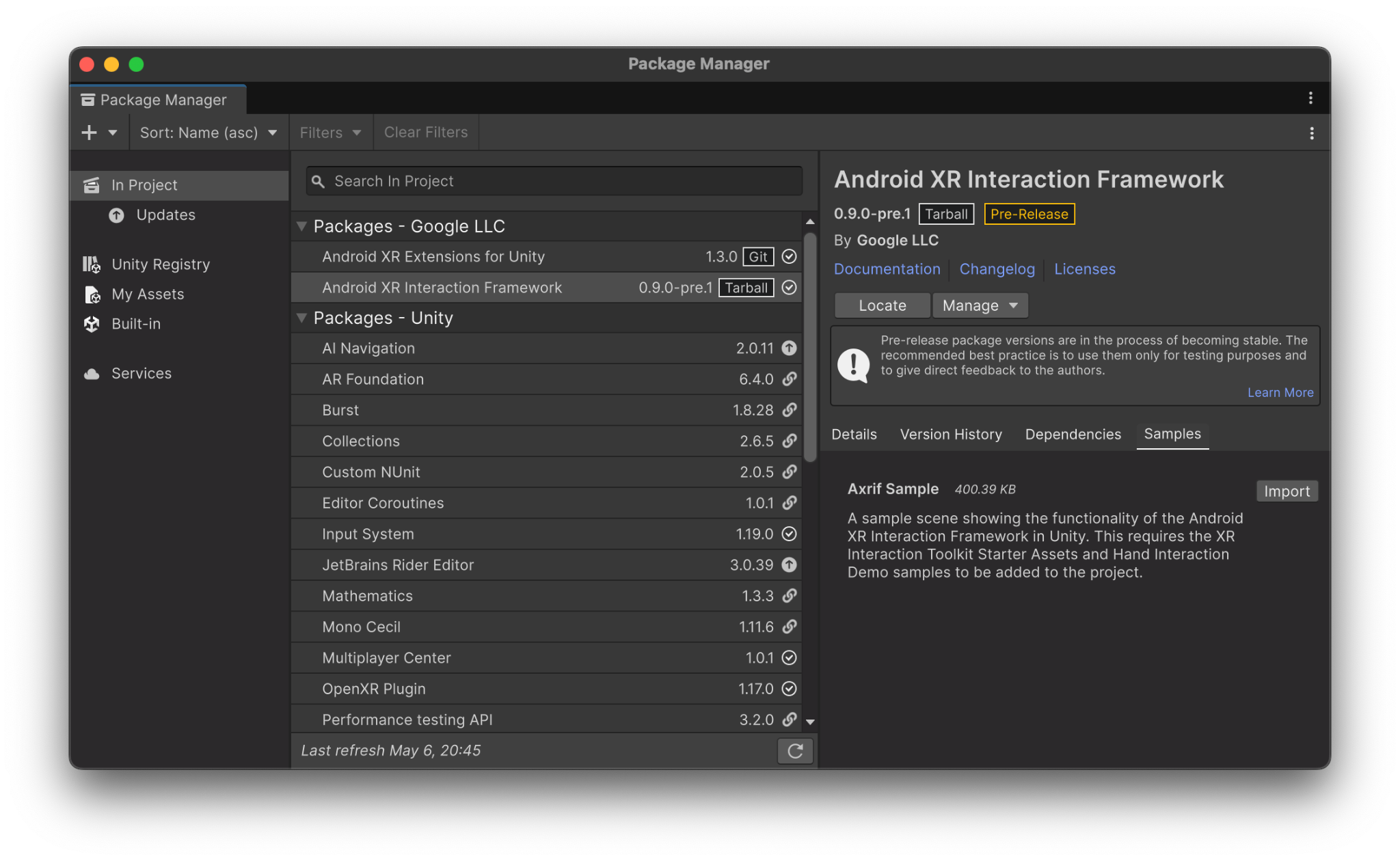 Importa l'esempio AXRIF nel gestore dei pacchetti di Unity.