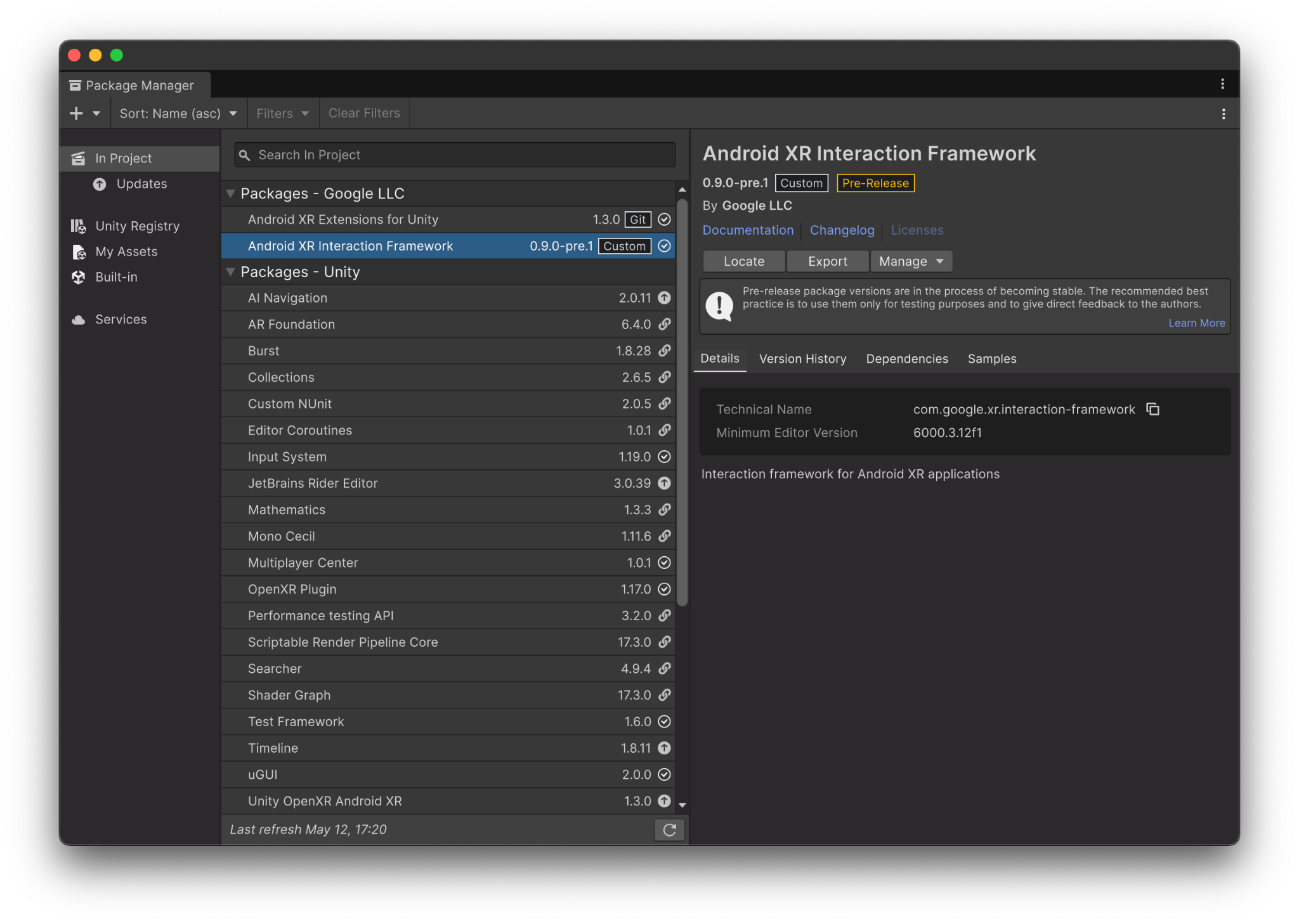I dettagli del pacchetto AXRIF in Package Manager di Unity.
