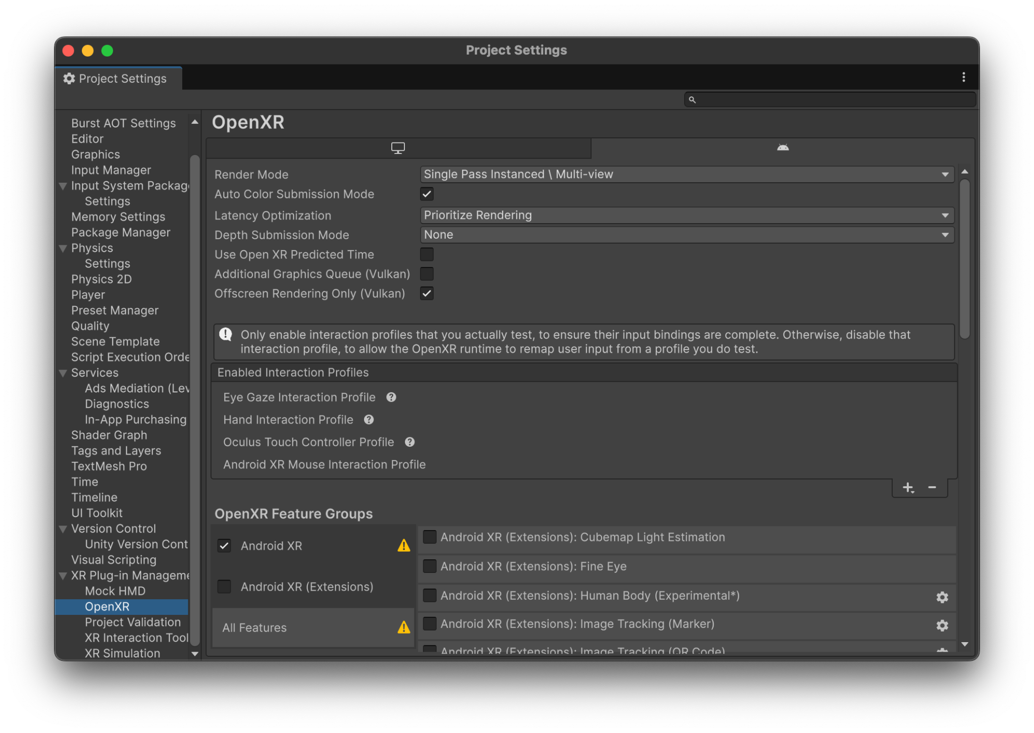 Risolvi eventuali problemi OpenXR in sospeso eseguendo la convalida del progetto.
