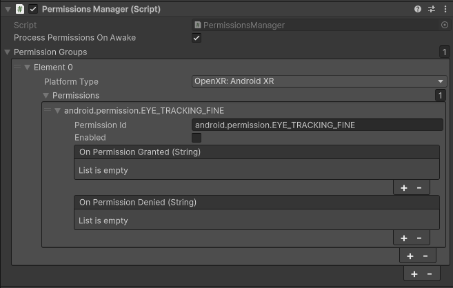 Ustawienia Unity dla grup uprawnień z wymaganym uprawnieniem android.permission.EYE_TRACKING_FINE
