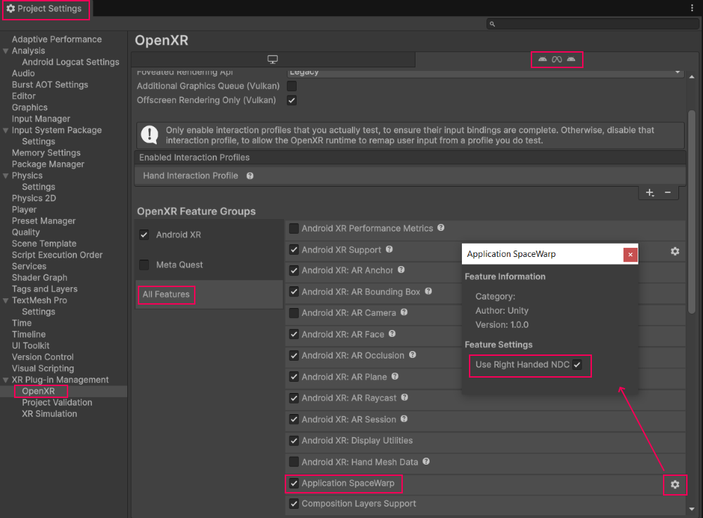 Configurações do Unity para spacewarp
