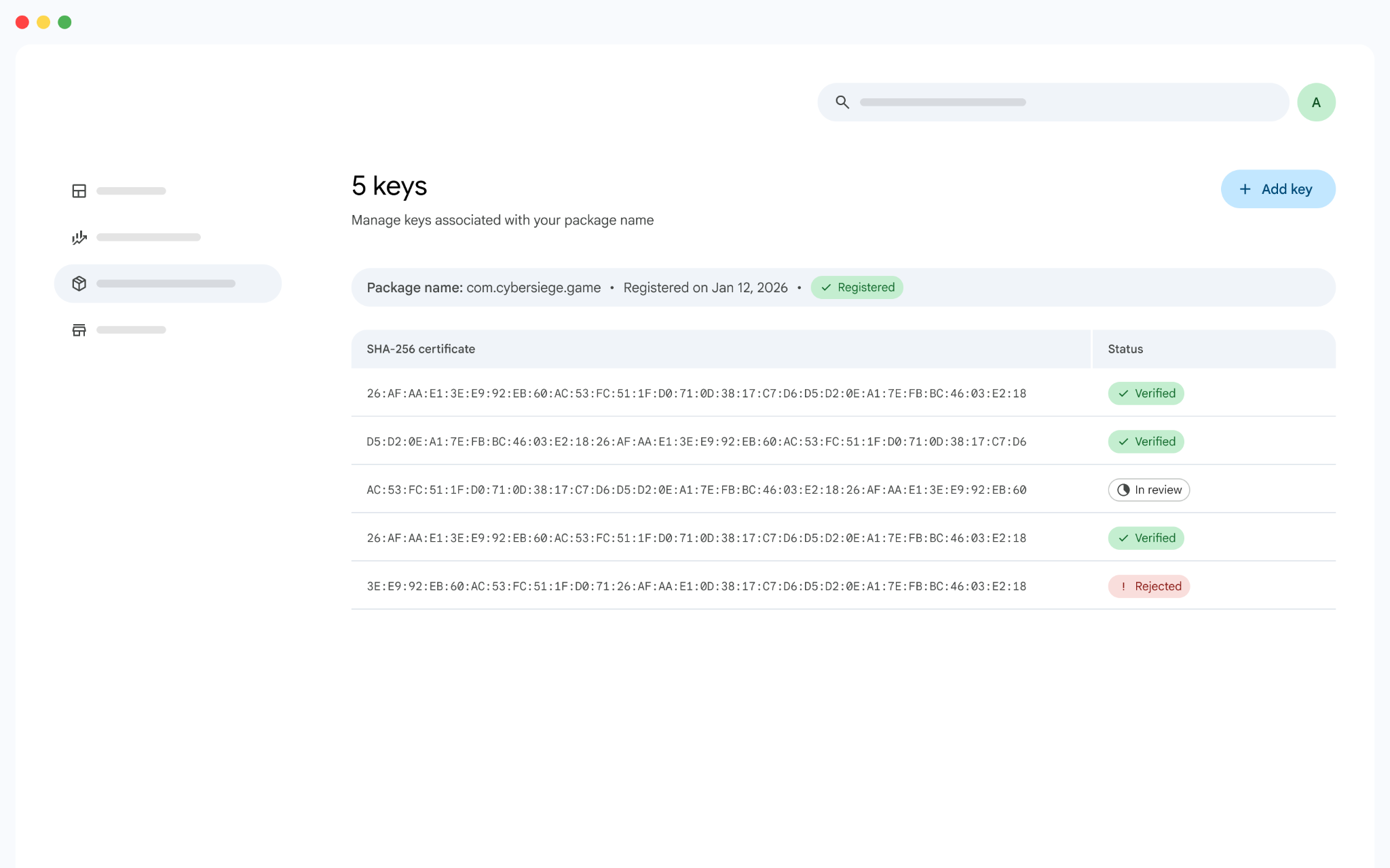 Account picker showing developer account name and verification state.